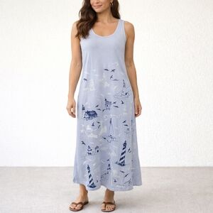 Mary Dee Sleeveless Lighthouse Print Cotton Maxi Dress